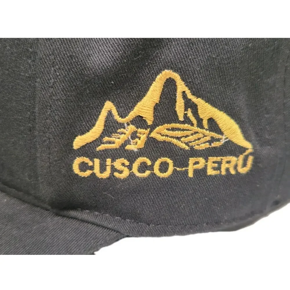 Machu Picchu Embroidered Black Strapback Hat Cap Meditating Llama Whimsical